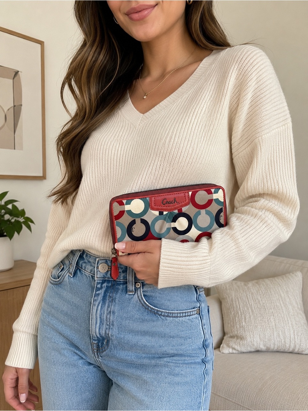Coach Multicolor Circle-Print Zip Wallet with Red Trim